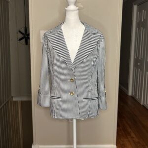 St. John Blazer Jacket Cotton Blend Seersucker Striped White and Blue Size 12
